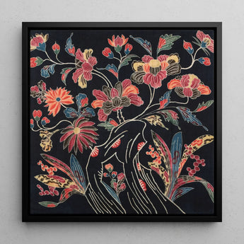 Japanese Wrapping Cloth (uchikui) - Textile Art Print / Canvas Black-framed Square Vibrant Floral Design Red Okinawan Artistry,