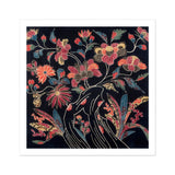 Japanese Wrapping Cloth (uchikui) - Textile Art Print / Canvas Floral Pattern Coral Pink Blooms Black Background Okinawan Artistry,
