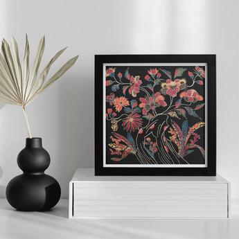 Japanese Wrapping Cloth (uchikui) - Textile Art Print / Canvas Framed Floral Artwork Coral-colored Blooms Dark Background Okinawan