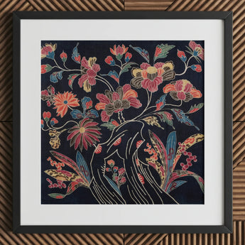 Japanese Wrapping Cloth (uchikui) - Textile Art Print / Canvas Framed Piece Embroidered Vibrant Floral Design Okinawan Artistry,