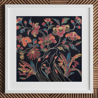 Japanese Wrapping Cloth (uchikui) - Textile Art Print / Canvas Framed Piece Vibrant Intricately Embroidered Floral Artwork Dark Okinawan