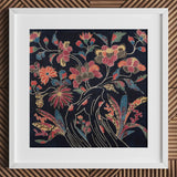 Japanese Wrapping Cloth (uchikui) - Textile Art Print / Canvas Framed Piece Vibrant Intricately Embroidered Floral Artwork Dark Okinawan