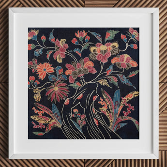 Japanese Wrapping Cloth (uchikui) - Textile Art Print / Canvas Framed Piece Vibrant Intricately Embroidered Floral Artwork Dark Okinawan