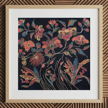 Japanese Wrapping Cloth (uchikui) - Textile Art Print / Canvas Square-framed Artwork Vibrant Floral Design Dark Fabric Blossoms Okinawan