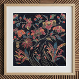 Japanese Wrapping Cloth (uchikui) - Textile Art Print / Canvas Square-framed Artwork Vibrant Floral Design Dark Fabric Blossoms Okinawan
