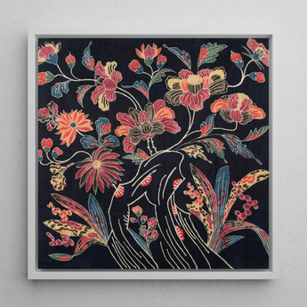 Japanese Wrapping Cloth (uchikui) - Textile Art Print / Canvas Square-framed Artwork Vibrant Floral Design Red Orange Blue Okinawan Textile