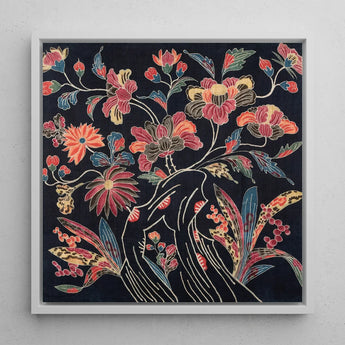 Japanese Wrapping Cloth (uchikui) - Textile Art Print / Canvas Square-framed Artwork Vibrant Floral Design Red Orange Blue Okinawan