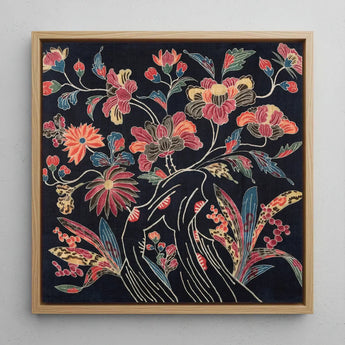 Japanese Wrapping Cloth (uchikui) - Textile Art Print / Canvas Square-framed Artwork Vibrant Floral Embroidery Dark Fabric Blossoms