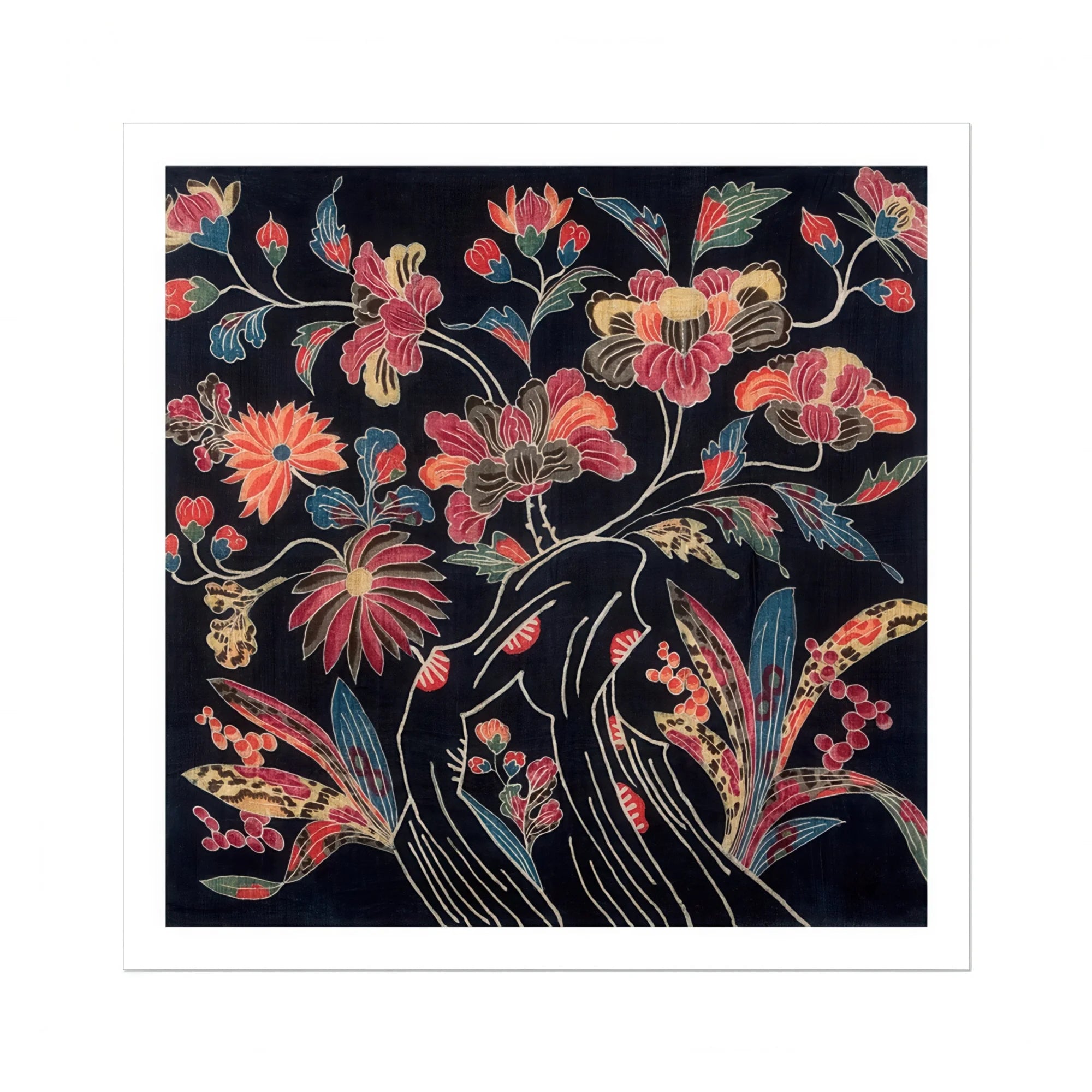Japanese Wrapping Cloth (uchikui) - Textile Art Print, Floral Pattern Coral Pink Blooms Black Background