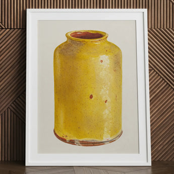 Jar - Yolande Delasser Golden Ceramic Art Print / Canvas Yellow Speckled Glaze Reddish-brown Rim White Sun-kissed Vessel, Prints