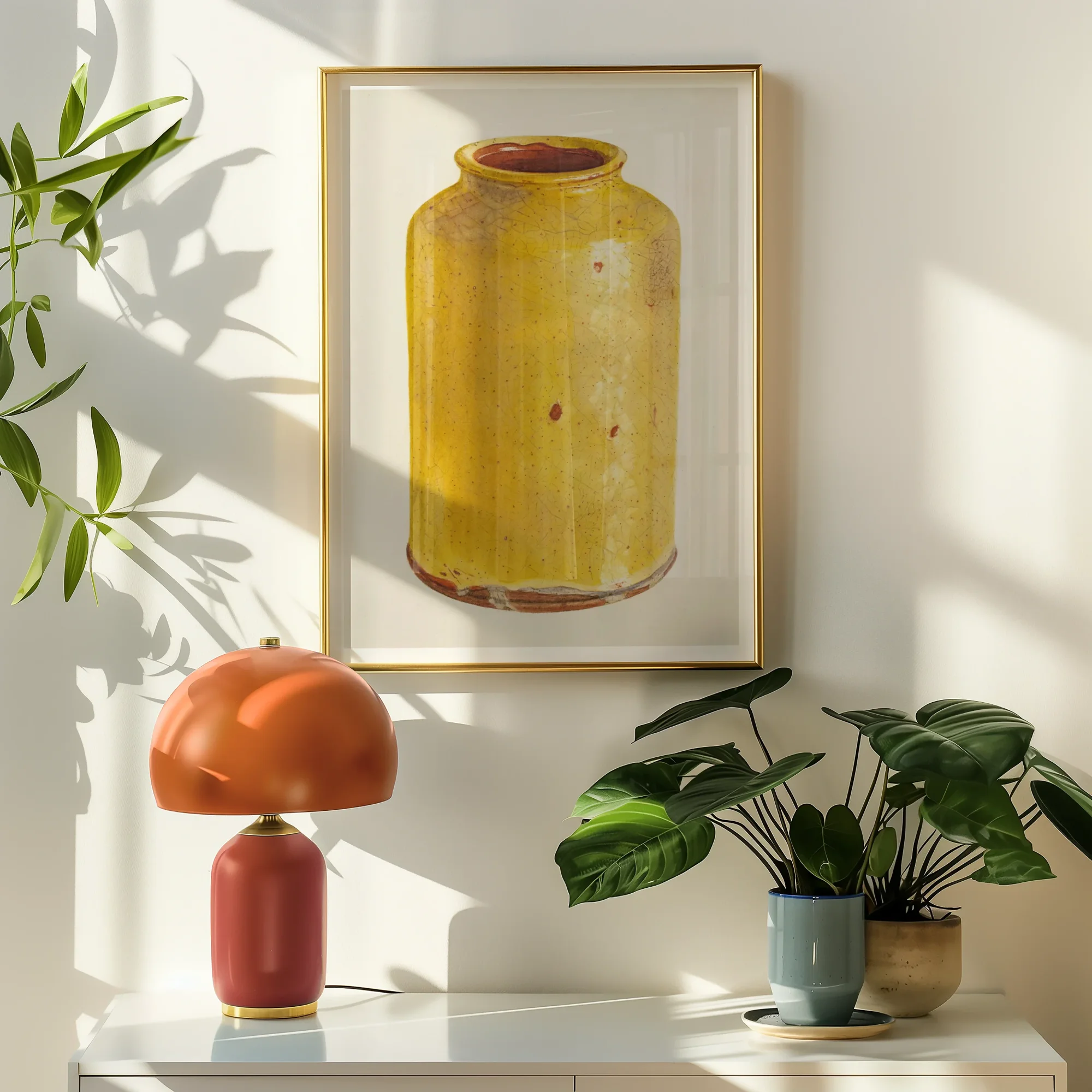 Jar - Yolande Delasser Golden Ceramic Art Print, Framed Artwork Yellow Ceramic Jar Vase