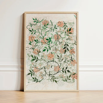 Framed Botanical Illustration Delicate Peach Green Floral Patterns William Morris’s Jasmine, Beguiling Art Print, Enchantment
