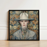 Jasper - Twink Cowboy Dandy Art Print / Canvas Framed Portrait Person Light Gray Wide-brimmed Hat Patterned Gay, Elegant Outlaw’s Prints