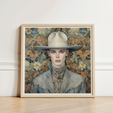 Jasper - Twink Cowboy Dandy Art Print / Canvas Framed Portrait Person Light Gray Wide-brimmed Hat Patterned Gay, Elegant Outlaw’s Prints