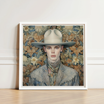 Jasper - Twink Cowboy Dandy Art Print / Canvas Framed Portrait Person Off-white Wide-brimmed Hat Patterned Attire Gay, Elegant Outlaw’s