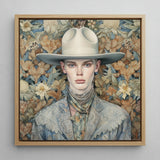 Jasper - Twink Cowboy Dandy Art Print / Canvas Framed Portrait Person Off-white Wide-brimmed Hat Patterned Blue-gray Gay, Elegant Outlaw’s