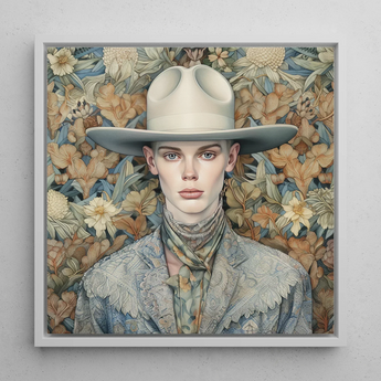 Jasper - Twink Cowboy Dandy Art Print / Canvas Framed Portrait Person Off-white Wide-brimmed Hat Patterned Blue-gray Gay Twink Cowboy,