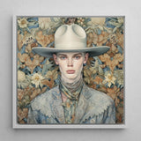 Jasper - Twink Cowboy Dandy Art Print / Canvas Framed Portrait Person Off-white Wide-brimmed Hat Patterned Blue-gray Gay, Elegant Outlaw’s