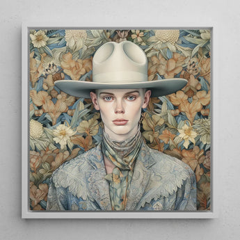 Jasper - Twink Cowboy Dandy Art Print / Canvas Framed Portrait Person Off-white Wide-brimmed Hat Patterned Blue-gray Gay, Elegant Outlaw’s