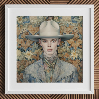 Jasper - Twink Cowboy Dandy Art Print / Canvas Cowboy Hat Wide Brim Band Light Brown Leather Gay Twink Cowboy, Dandy Art, Elegant Outlaw’s