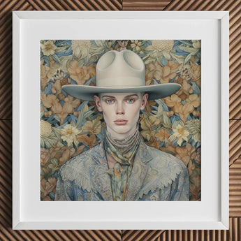 Jasper - Twink Cowboy Dandy Art Print / Canvas Hat Wide Brim Band Light Brown Leather Gay, Elegant Outlaw’s Prints