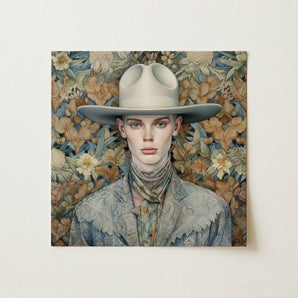 Jasper - Twink Cowboy Dandy Art Print / Canvas Square Canvas Print Portrait Person Off-white Wide-brimmed Hat Gay Twink Cowboy, Cowboy