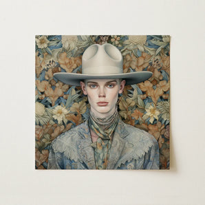 Jasper - Twink Cowboy Dandy Art Print / Canvas Square Portrait Person Off-white Wide-brimmed Hat Gay, Elegant Outlaw’s Prints