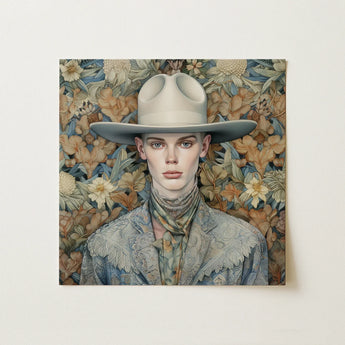 Jasper - Twink Cowboy Dandy Art Print / Canvas Square Canvas Print Portrait Person Off-white Wide-brimmed Hat Gay Twink Cowboy, Cowboy