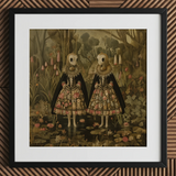 Jenny & June - Stampa artistica / tela di gemelle aliene surreali, 12x12’’ / 31x31cm / Cornice nera / Passepartout, poster stampe arte visiva, Toby Leon