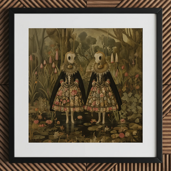 Jenny & June - Stampa artistica / tela di gemelle aliene surreali, 12x12’’ / 31x31cm / Cornice nera / Passepartout, poster stampe arte visiva, Toby Leon