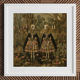 Jenny & June - Stampa artistica / tela di gemelle aliene surreali, 12x12’’ / 31x31cm / Cornice bianca / Passepartout, poster stampe arte visiva, Toby Leon