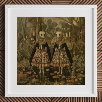 Jenny & June - Stampa artistica / tela di gemelle aliene surreali, 12x12’’ / 31x31cm / Cornice bianca / Passepartout, poster stampe arte visiva, Toby Leon