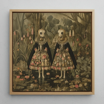 Jenny & June - Stampa artistica / tela di gemelle aliene surreali, 12x12’’ / 31x31cm / Cornice naturale, poster stampe arte visiva, Toby Leon
