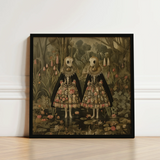 Black-framed Artwork Two Figures Ornate Floral-patterned Dresses Amidst Surreal Alien Twins, Art, Floral Dreamscape