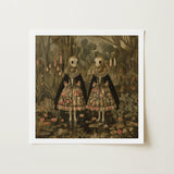 Jenny & June - Surreal Alien Twins Art Print / Canvas Square-framed Two Figures Ornate Floral-patterned Dresses, Floral Dreamscape Prints