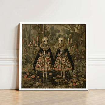 Framed Artwork Two Figures Ornate Floral-patterned Dresses Black Surreal Alien Twins, Art, Floral Dreamscape
