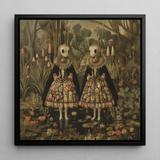 Jenny & June - Surreal Alien Twins Art Print / Canvas Black-framed Artwork Two Figures Ornate Floral-patterned Dresses Skull-like, Floral