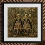 Jenny & June - Surreal Alien Twins Art Print / Canvas Black-framed Two Figures Ornate Floral-patterned Dresses, Floral Dreamscape Prints