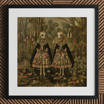 Jenny & June - Surreal Alien Twins Art Print / Canvas Black-framed Two Figures Ornate Floral-patterned Dresses, Floral Dreamscape Prints