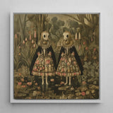 Jenny & June - Surreal Alien Twins Art Print / Canvas Framed Artwork Two Figures Ornate Floral-patterned Dresses Black, Floral Dreamscape