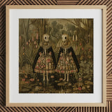 Jenny & June - Surreal Alien Twins Art Print / Canvas Framed Artwork Two Figures Ornate Floral-patterned Dresses Black, Floral Dreamscape