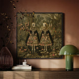 Jenny & June - Surreal Alien Twins Art Print / Canvas Framed Artwork Two Figures Ornate Floral-patterned Dresses Lush, Floral Dreamscape