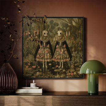 Jenny & June - Surreal Alien Twins Art Print / Canvas Framed Artwork Two Figures Ornate Floral-patterned Dresses Lush, Floral Dreamscape