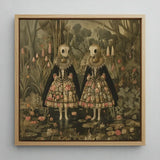 Jenny & June - Surreal Alien Twins Art Print / Canvas Square-framed Artwork Two Figures Ornate Floral-patterned Dresses Black, Floral