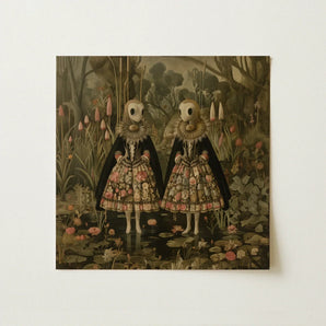 Jenny & June - Surreal Alien Twins Art Print / Canvas Square Two Skeletal Figures Ornate Floral-patterned, Floral Dreamscape Prints