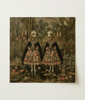 Square Canvas Print Two Skeletal Figures Ornate Floral-patterned Surreal Alien Twins, Art, Floral Dreamscape