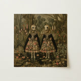 Jenny & June - Surreal Alien Twins Art Print / Canvas Square Two Skeletal Figures Ornate Floral-patterned, Floral Dreamscape Prints