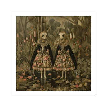 Jenny & June - Surreal Alien Twins Art Print / Canvas Two Identical Figures Ornate Dresses Masks Long Beaks, Floral Dreamscape Prints