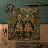 Jenny & June - Surreal Alien Twins Art Print / Canvas Vintage-style Illustration Two Skeletal Figures Ornate Floral-patterned, Floral