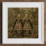 Jenny & June - Surreal Alien Twins Art Print / Canvas White-framed Two Figures Ornate Floral-patterned Dresses, Floral Dreamscape Prints